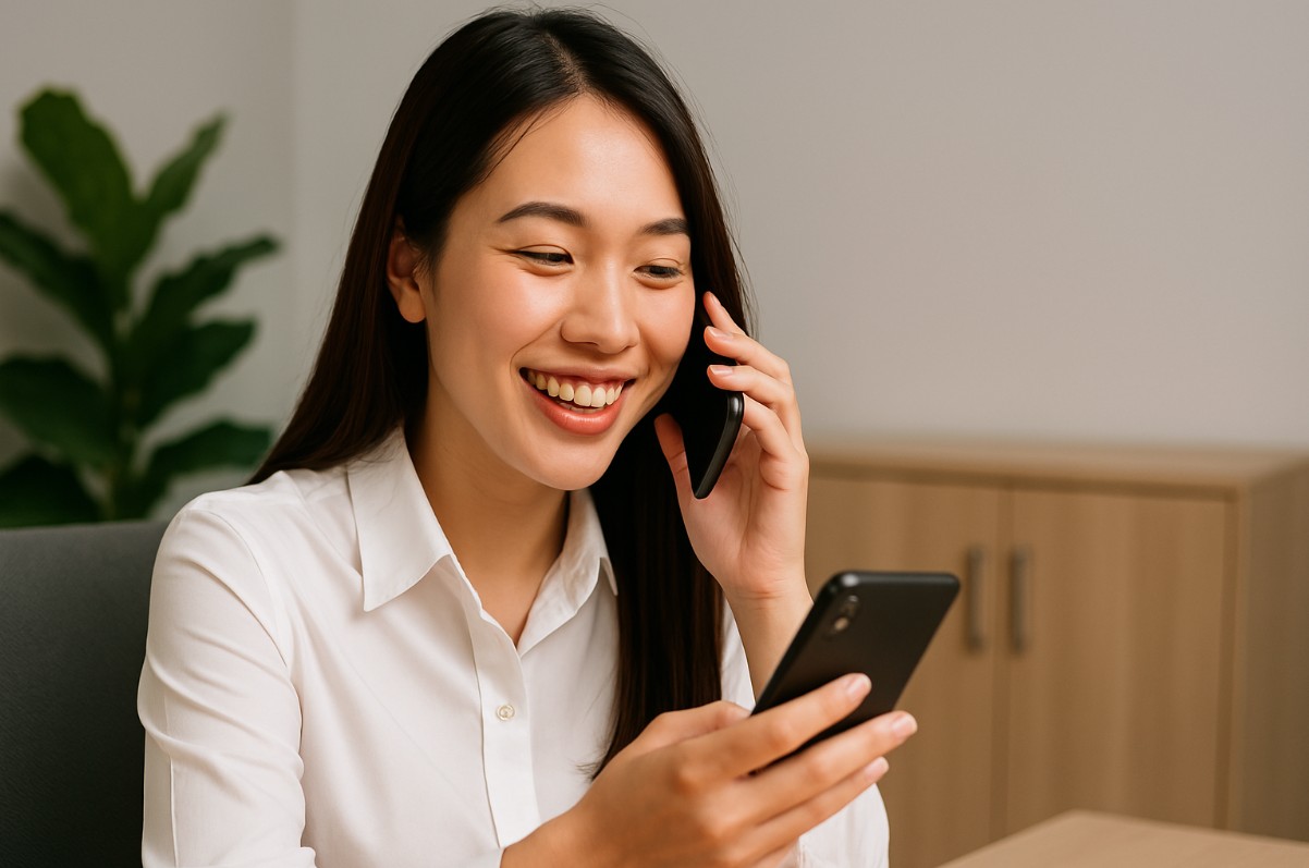 Hình ảnh một cộng tác viên bất động sản gửi thông tin sản phẩm cho khách hàng qua điện thoại, nụ cười tươi và sự hào hứng hiện rõ trên khuôn mặt.