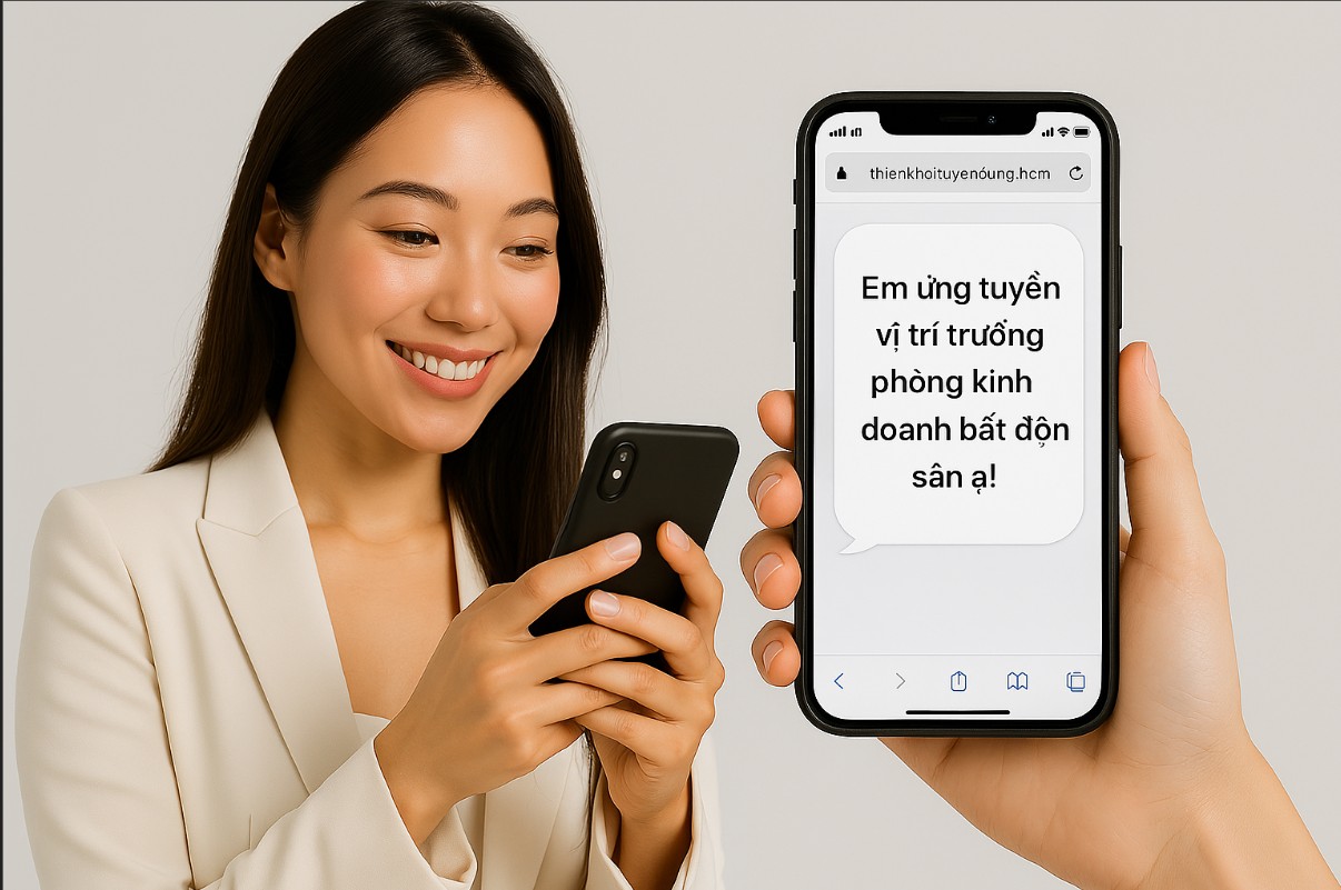 Hình ảnh biểu mẫu ứng tuyển trên điện thoại, nội dung hiện: “Em ứng tuyển vị trí trưởng phòng kinh doanh bất động sản ạ!”